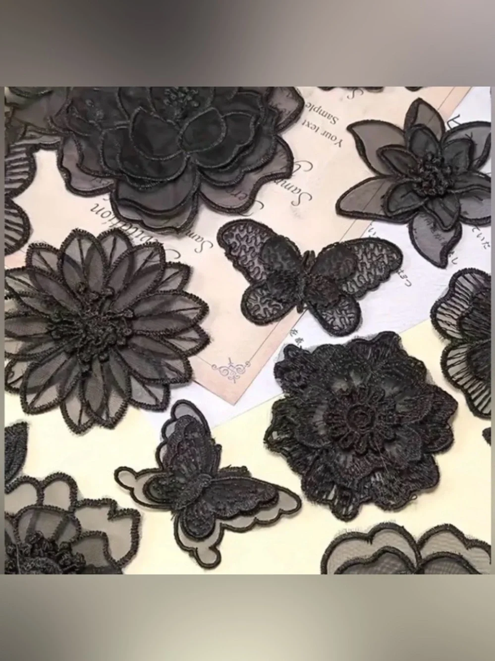 Black Embroidered Sew-On Floral Appliqué, Craft & Clothing Embellishment, New